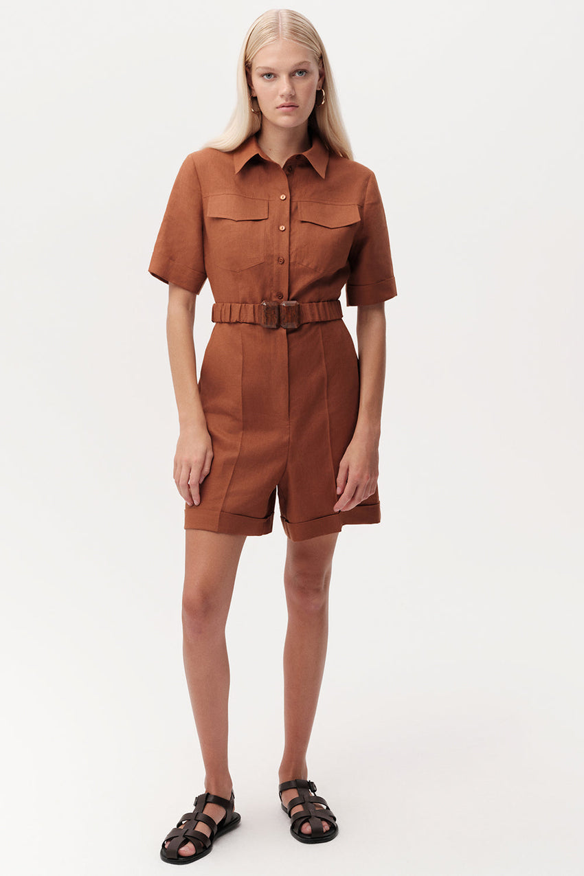 Shirt Collar Belted Linen Jumpsuit  - TAN