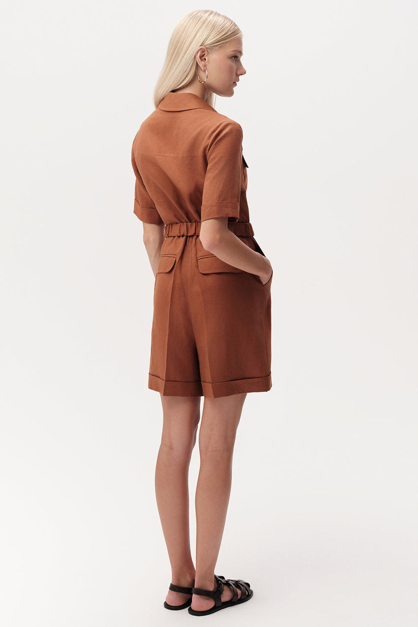 Shirt Collar Belted Linen Jumpsuit  - TAN