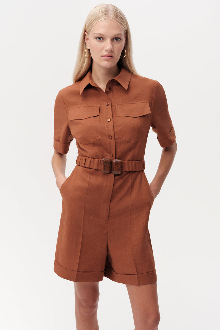 Shirt Collar Belted Linen Jumpsuit  - TAN