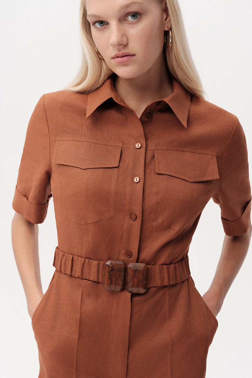 Shirt Collar Belted Linen Jumpsuit  - TAN