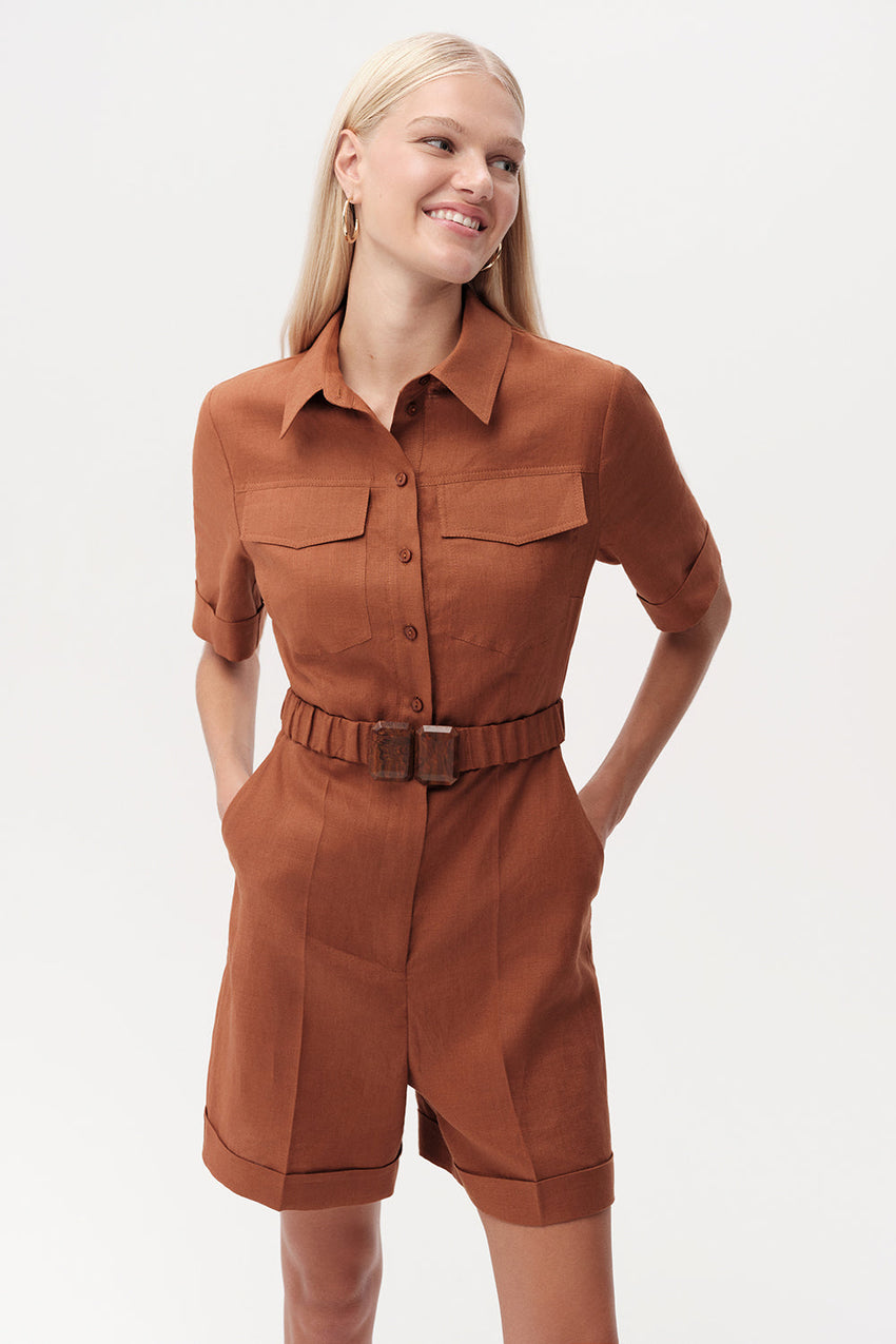 Shirt Collar Belted Linen Jumpsuit  - TAN