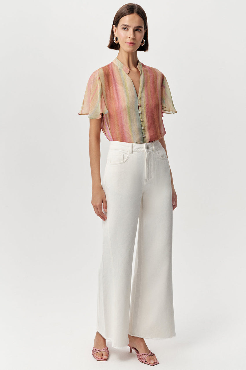 High Waist Wide-Leg Denim Trousers - BONE