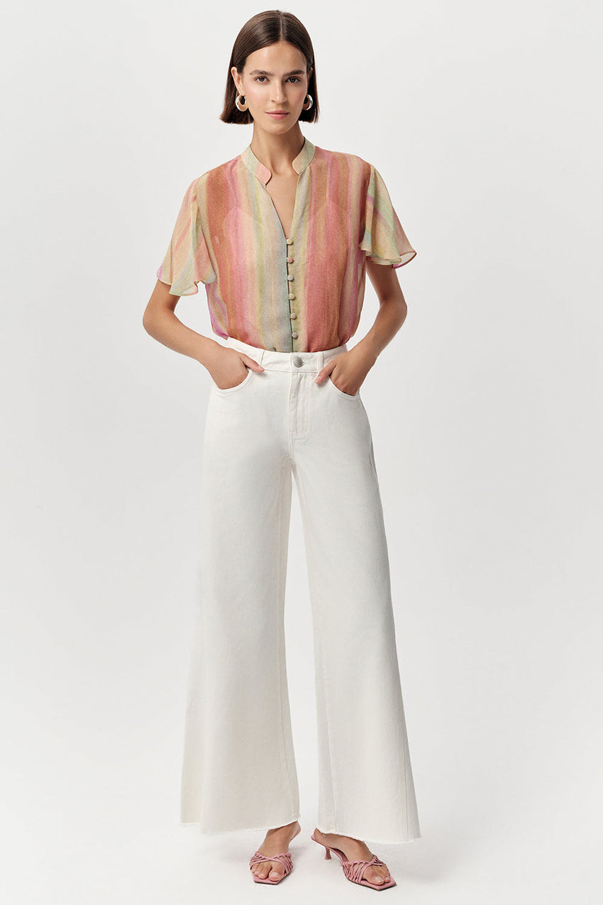 High Waist Wide-Leg Denim Trousers - BONE