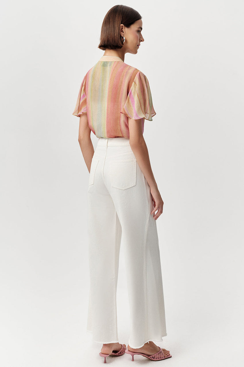 High Waist Wide-Leg Denim Trousers - BONE