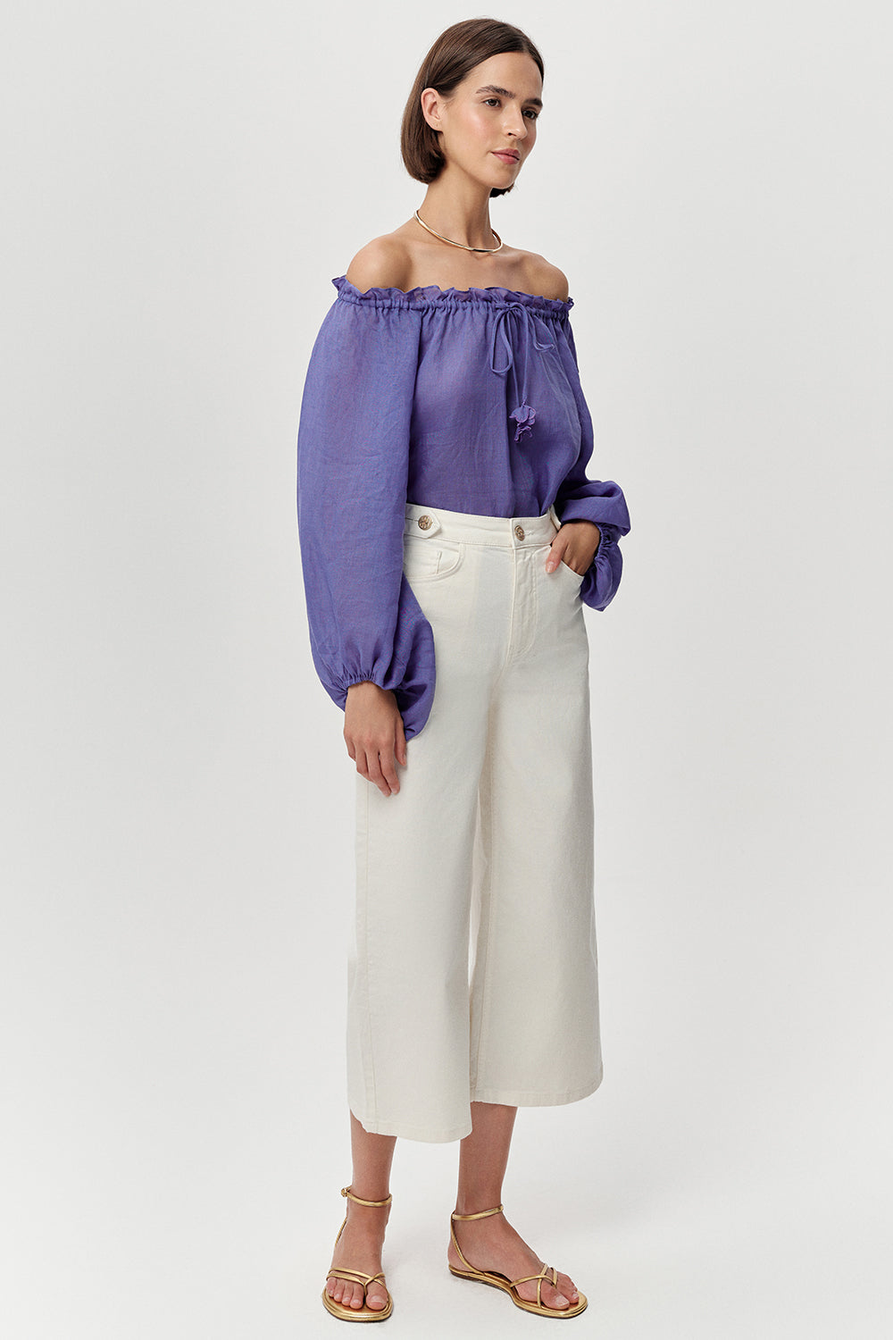 High-Waist Culotte Denim Jeans  - WHITE