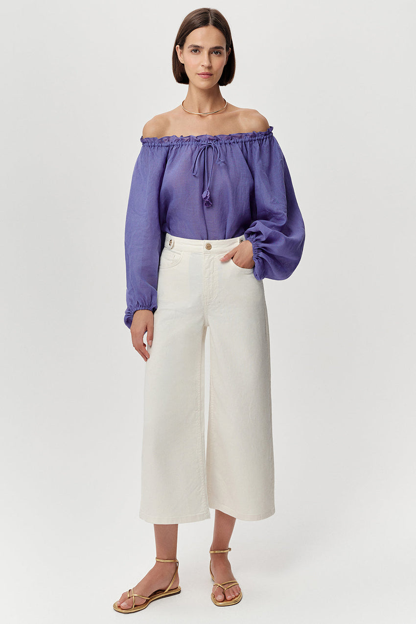 High-Waist Culotte Denim Jeans  - WHITE
