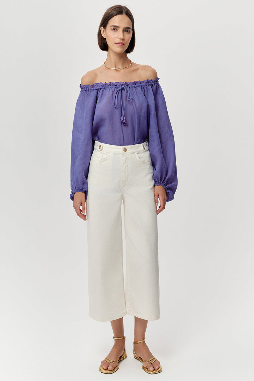 High-Waist Culotte Denim Jeans  - WHITE