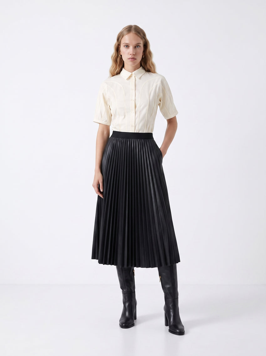 Elastic Waist Faux Leather Pleated Midi Skirt - BLACK