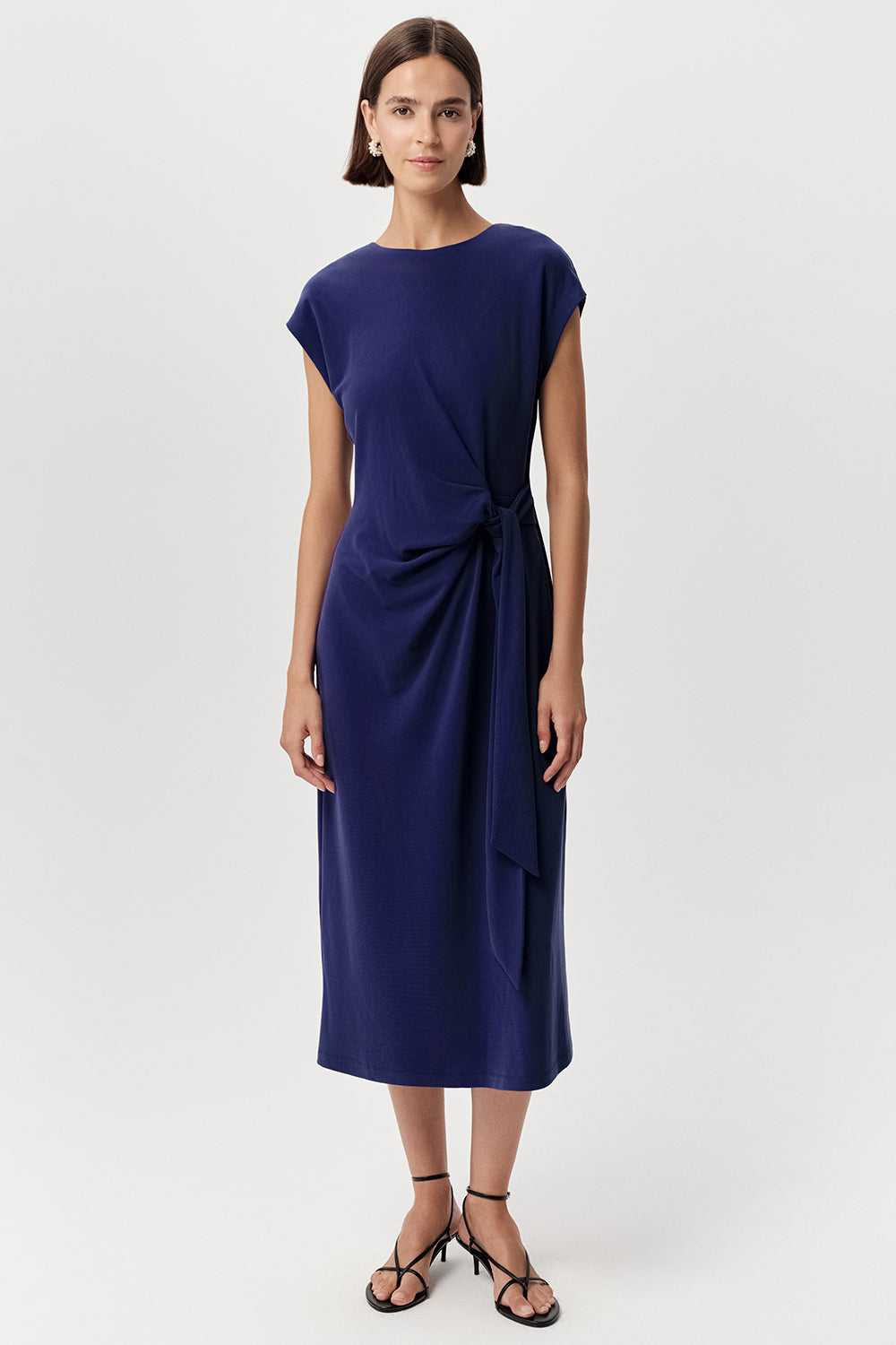 Zip Up Knit Midi Dress - NAVY BLUE