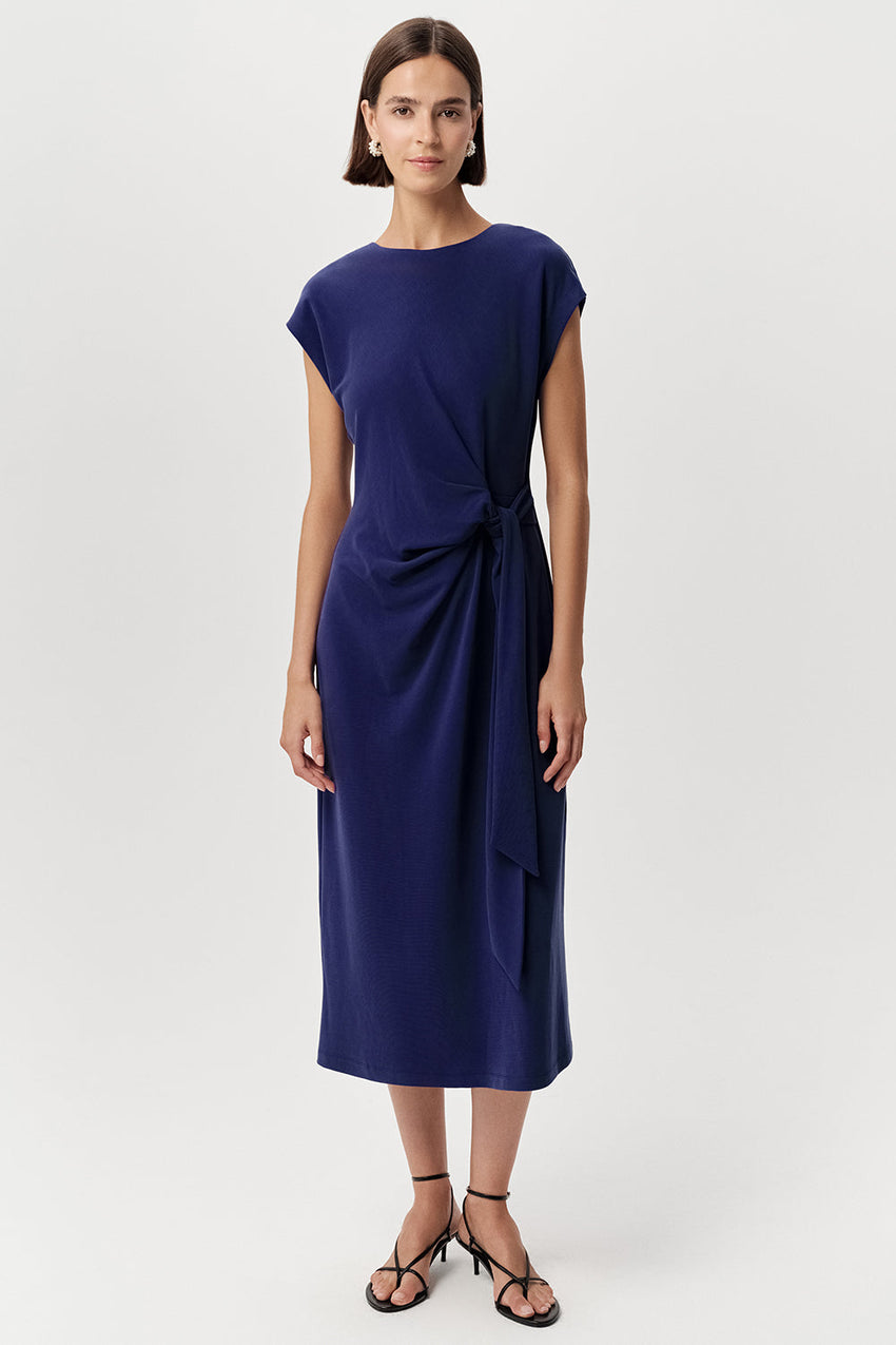 Zip Up Knit Midi Dress - NAVY BLUE