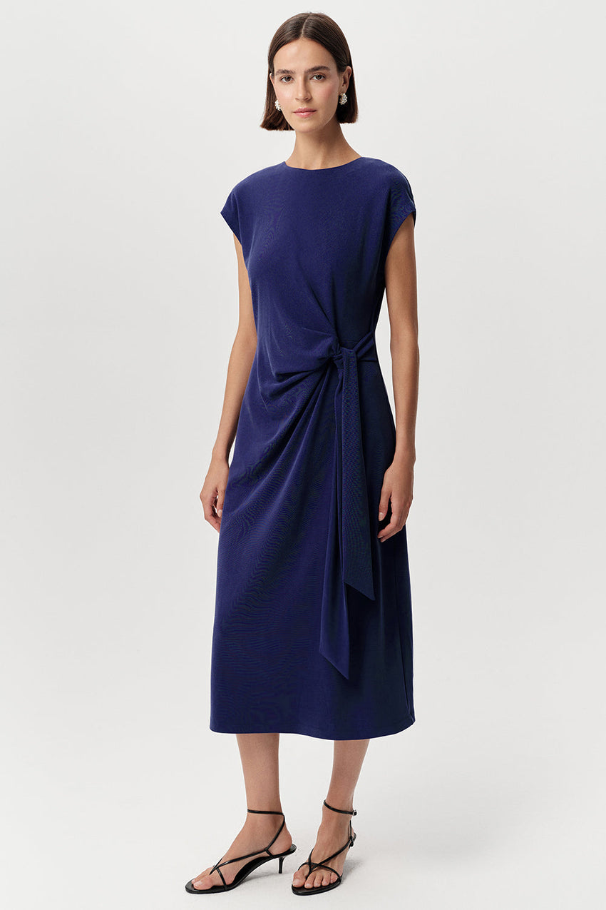 Zip Up Knit Midi Dress - NAVY BLUE