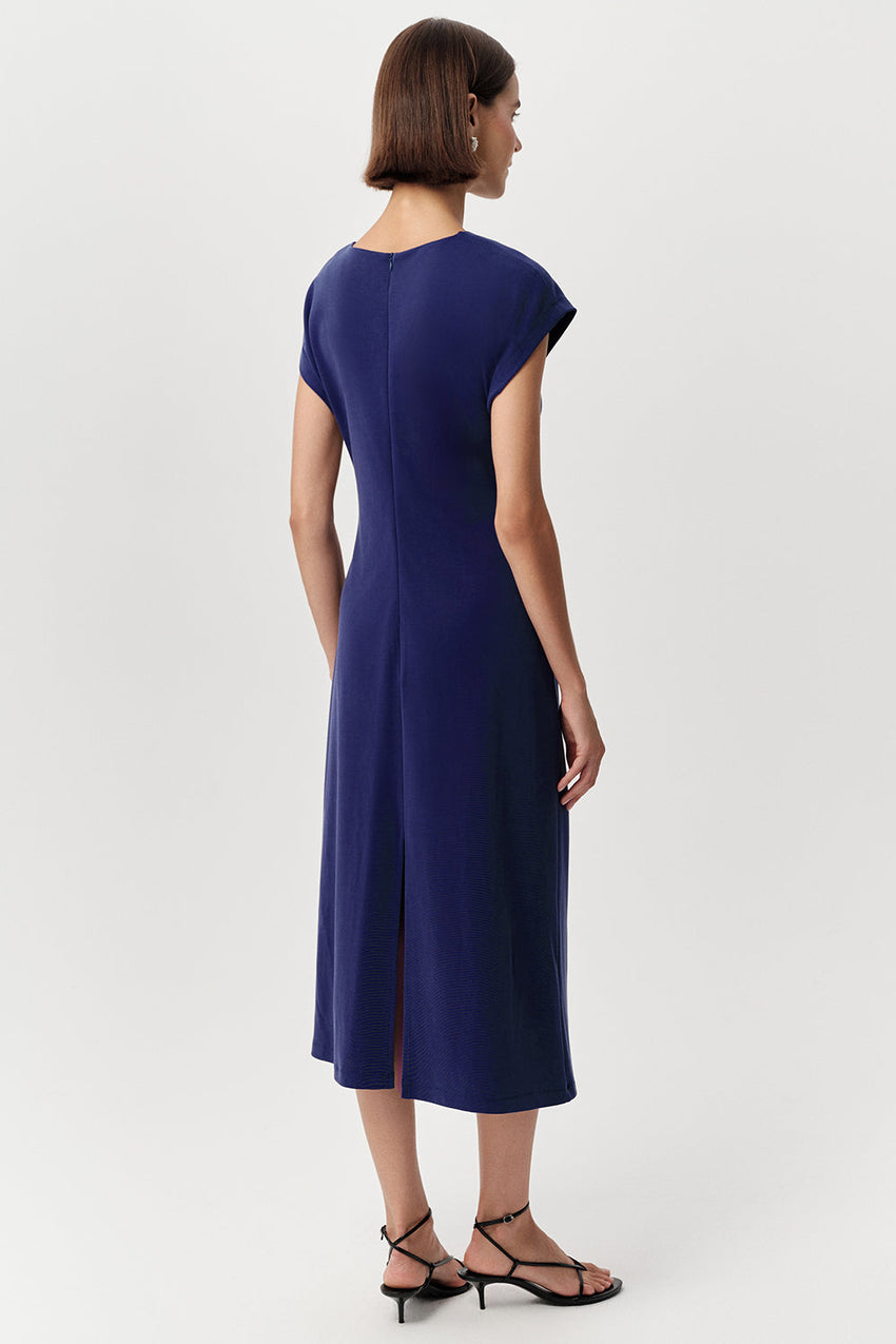 Zip Up Knit Midi Dress - NAVY BLUE