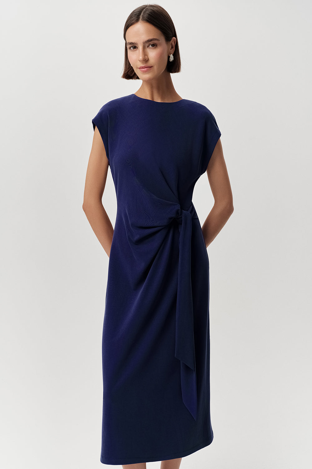 Zip Up Knit Midi Dress - NAVY BLUE