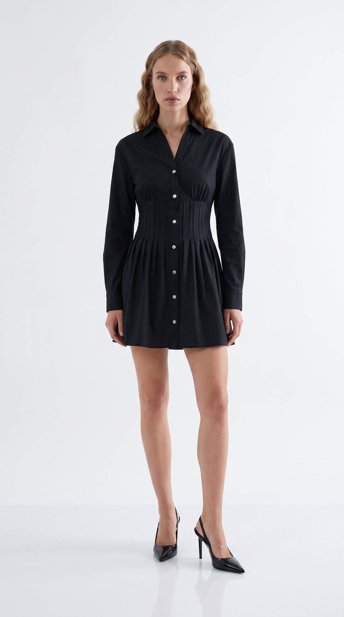 Fitted Mini Dress with Metal Buttons - BLACK