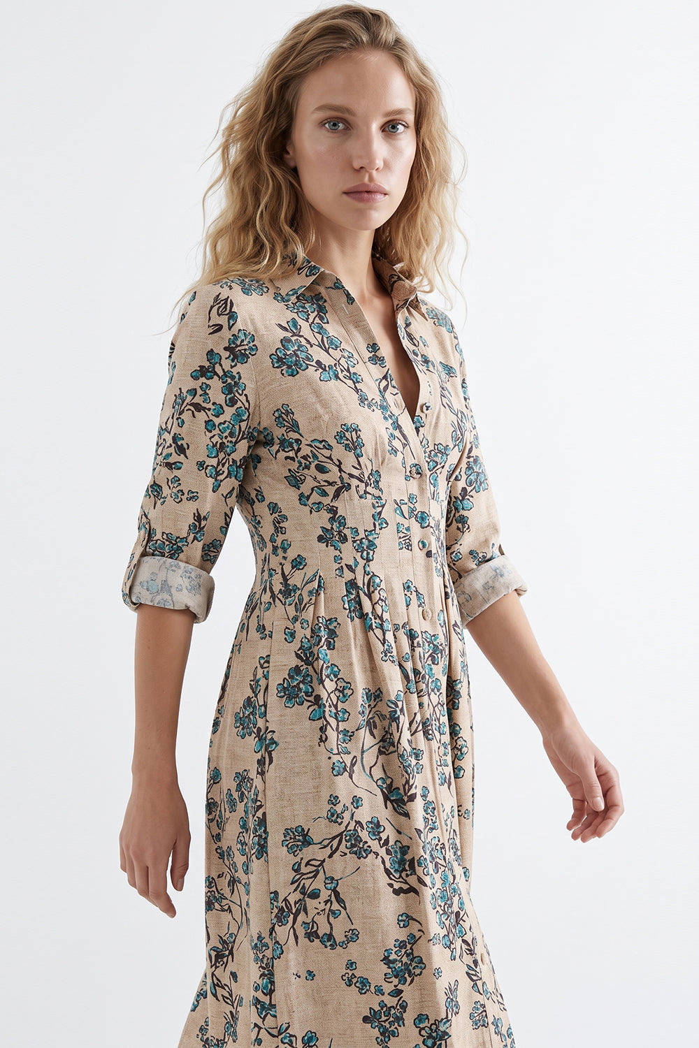 Long Sleeve Fitted Pleated Midi Dress - MULTICOLOR