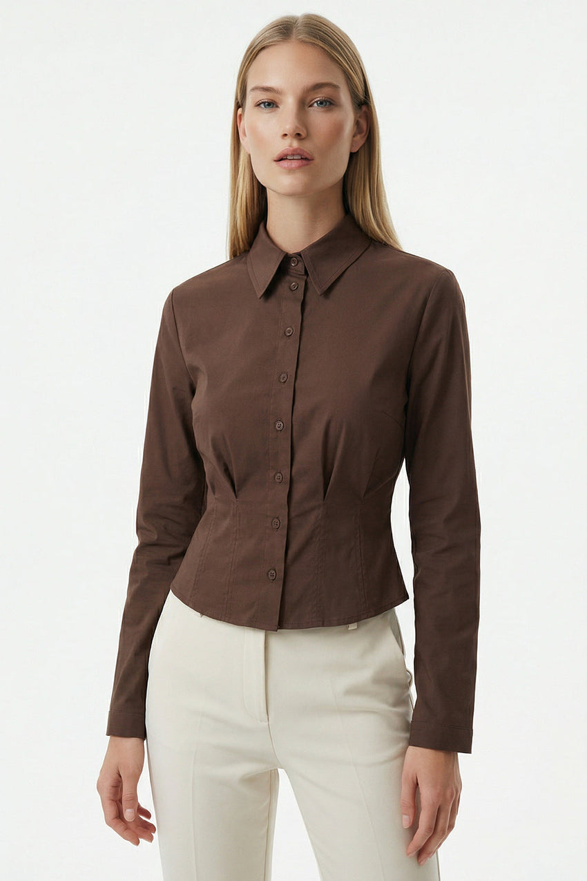 Long Sleeve Crop Shirt - BROWN