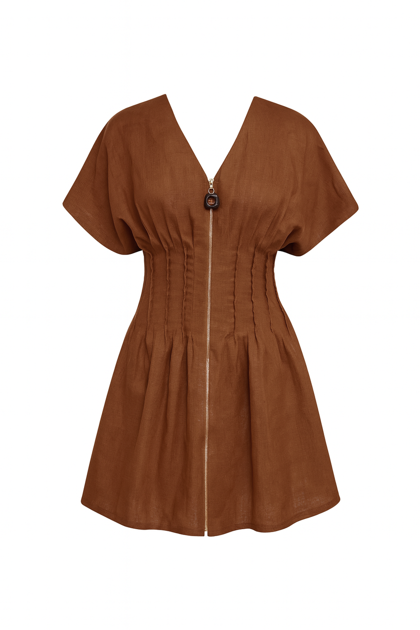 Short Sleeve  Linen Mini Dress - BROWN