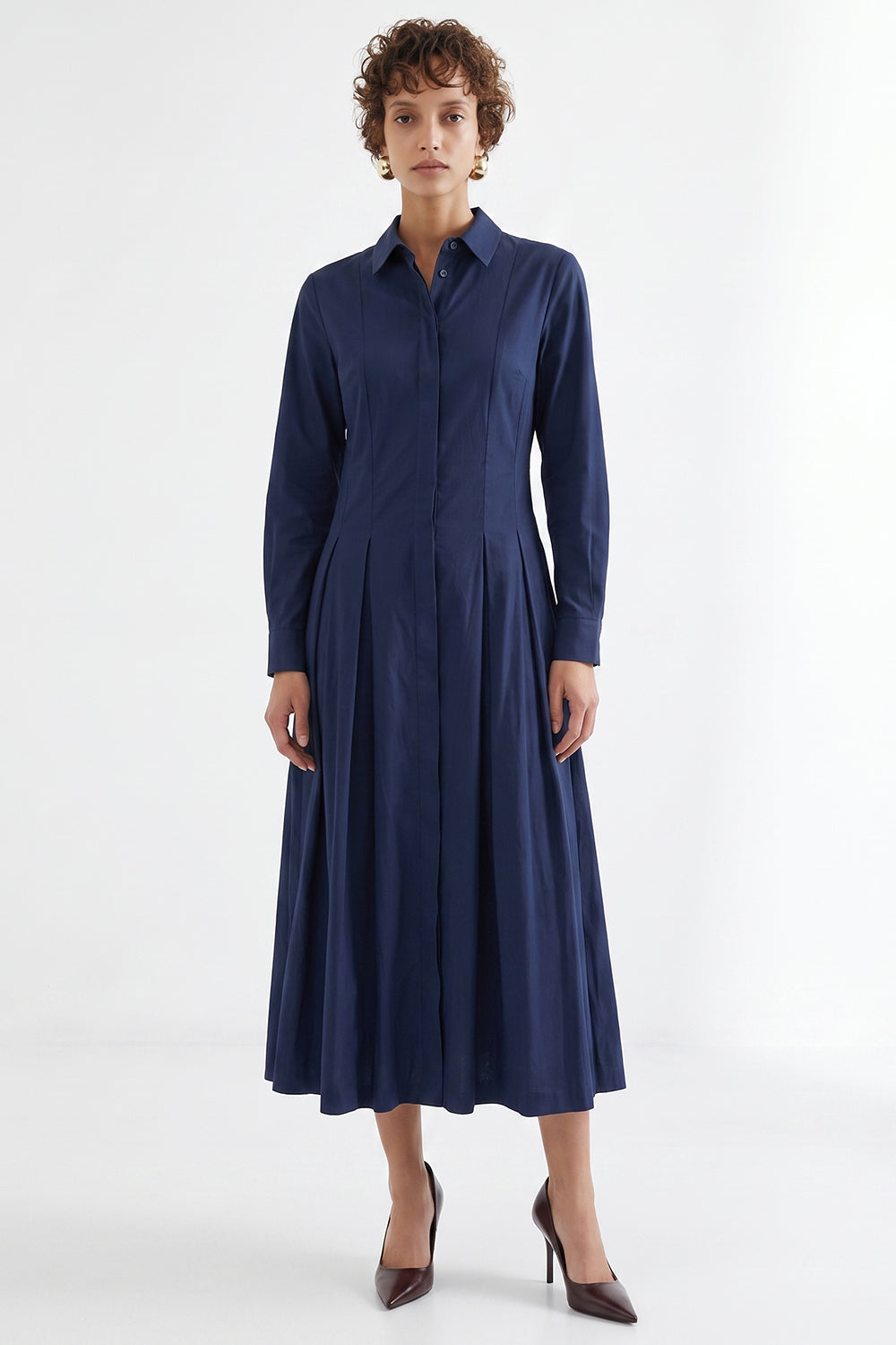 Zigzag Stitch Fitted Pleated Midi Dress - NAVY