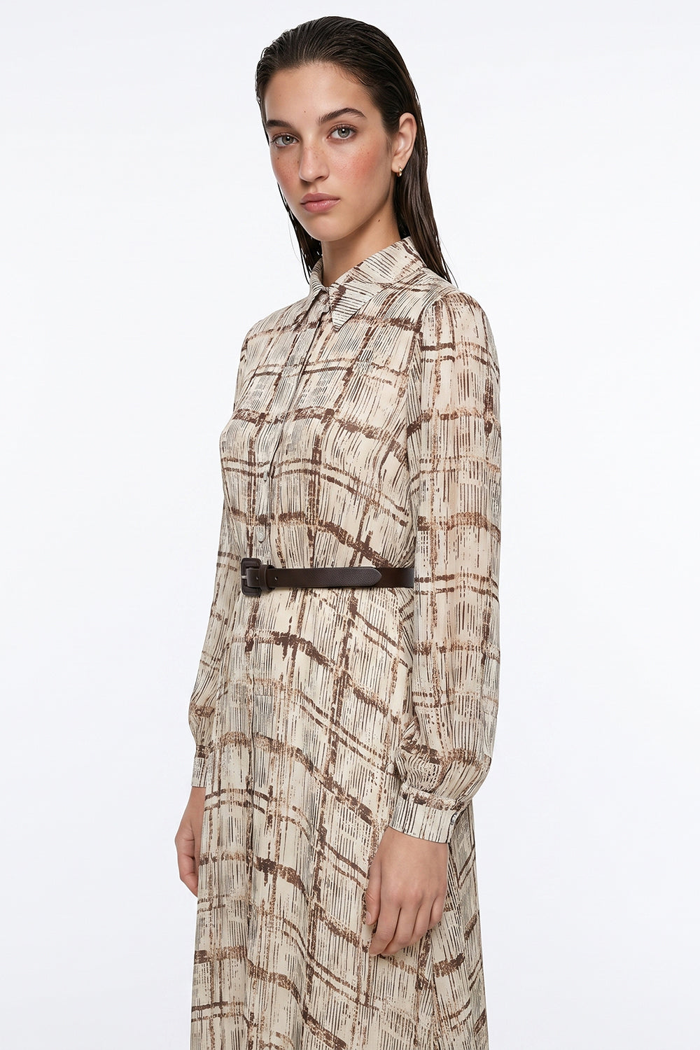 Lined Long Sleeve Midi Dress with Belt - MULTICOLOR