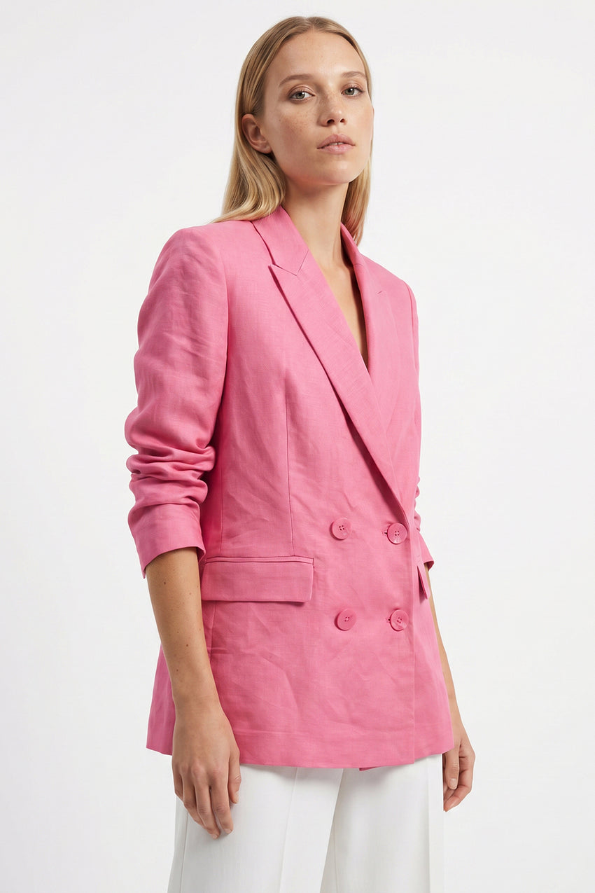 Double Breasted Linen Blazer Jacket - PINK
