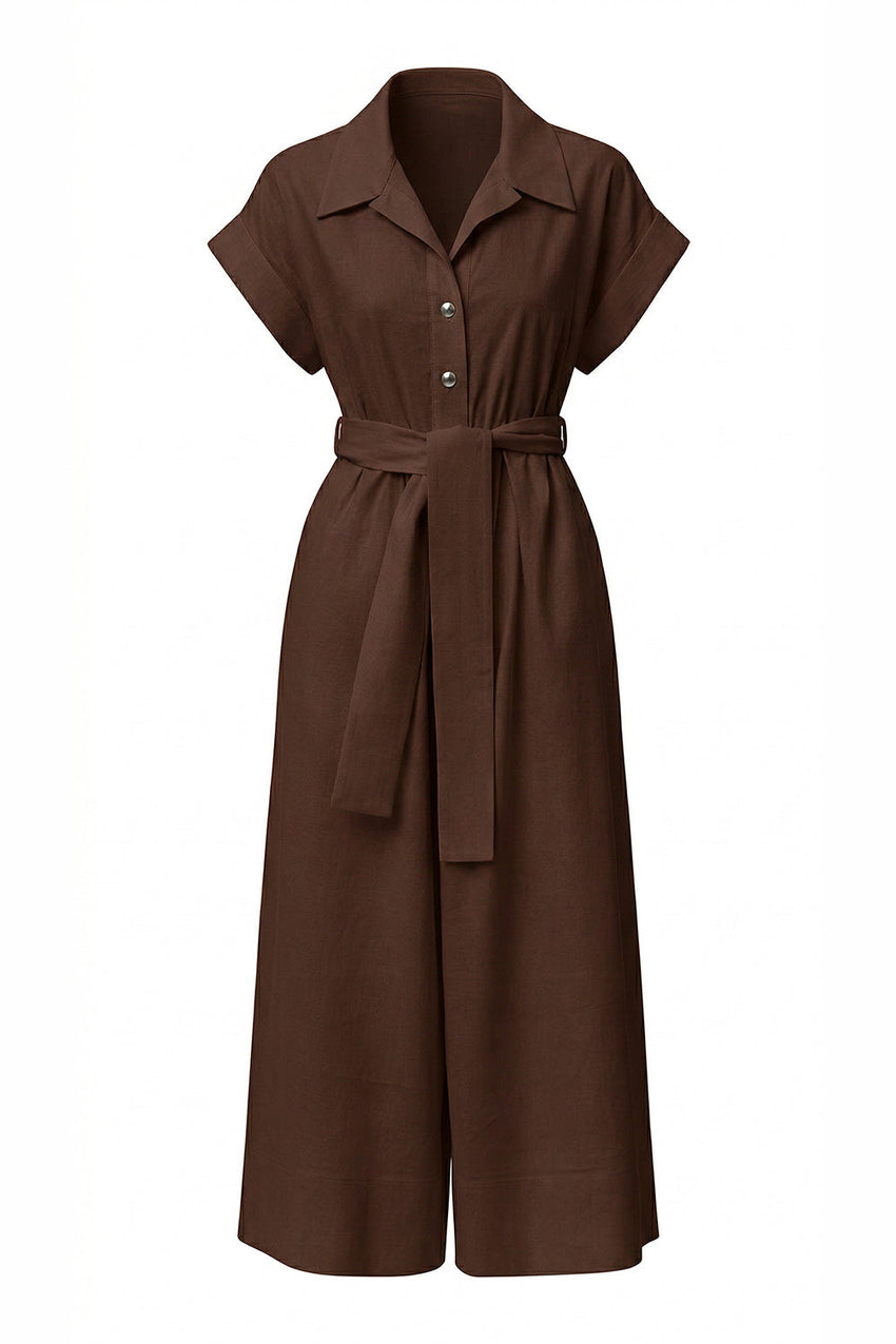 Shirt Collar Short Sleeve Pocket Belted Midi Jumpsuit - BROWN