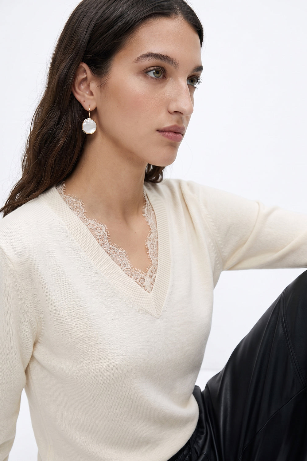 Long Sleeve V Neck Knit Blouse with Lace Trim - ECRU