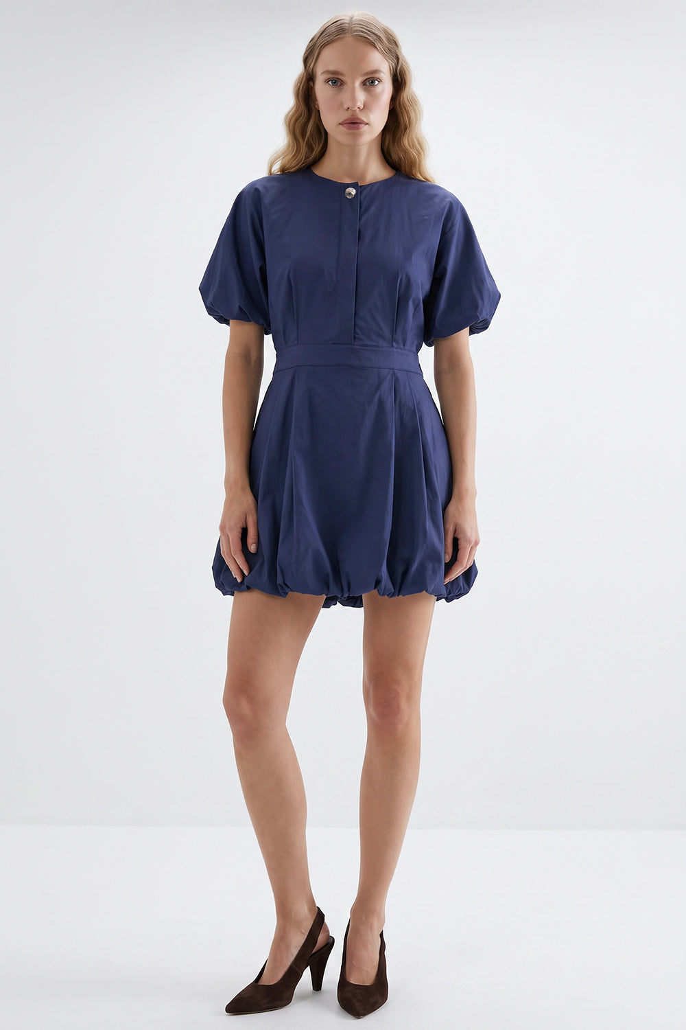 Balloon Sleeve Lined Mini Dress with Elastic Waist - BLUE