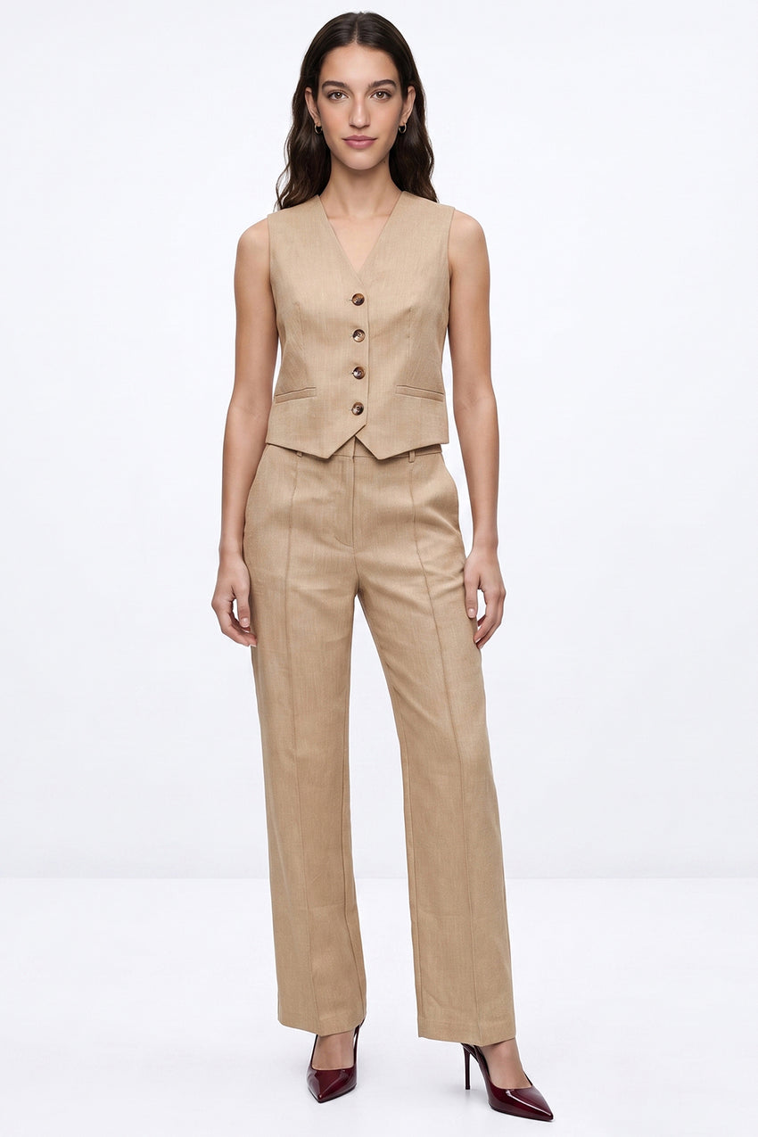 Linen Blend Vest with Back Buckle - CAMEL