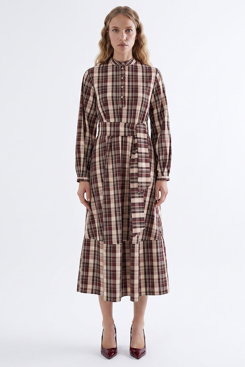 Round Neck Midi Dress with Belt and Pockets - MULTICOLOR