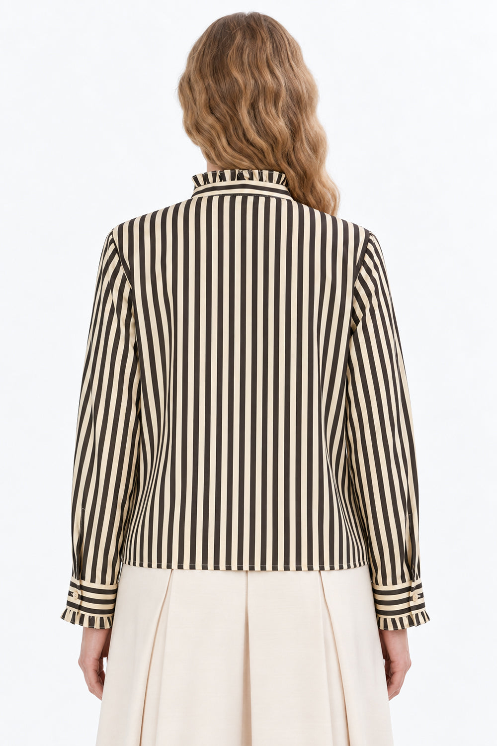 Ruffle Stand Collar Long Sleeve Shirt - BROWN BEIGE