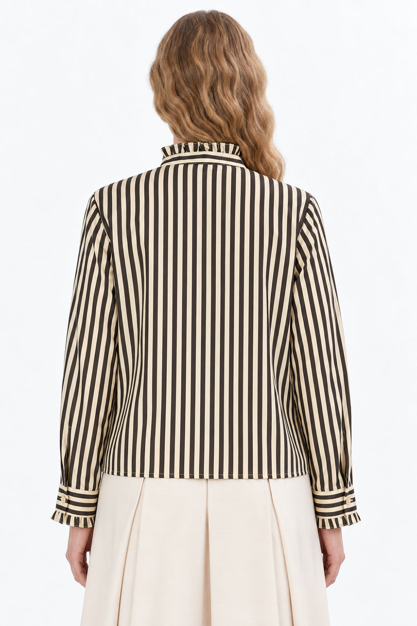 Ruffle Stand Collar Long Sleeve Shirt - BROWN BEIGE