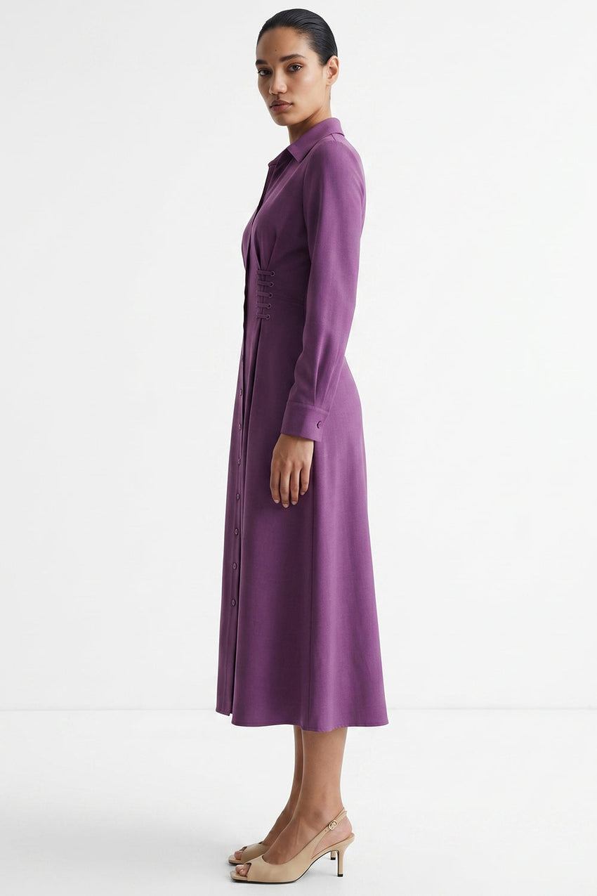 Eyelet Detail Pocket Shirt Collar Midi Dress - LILA