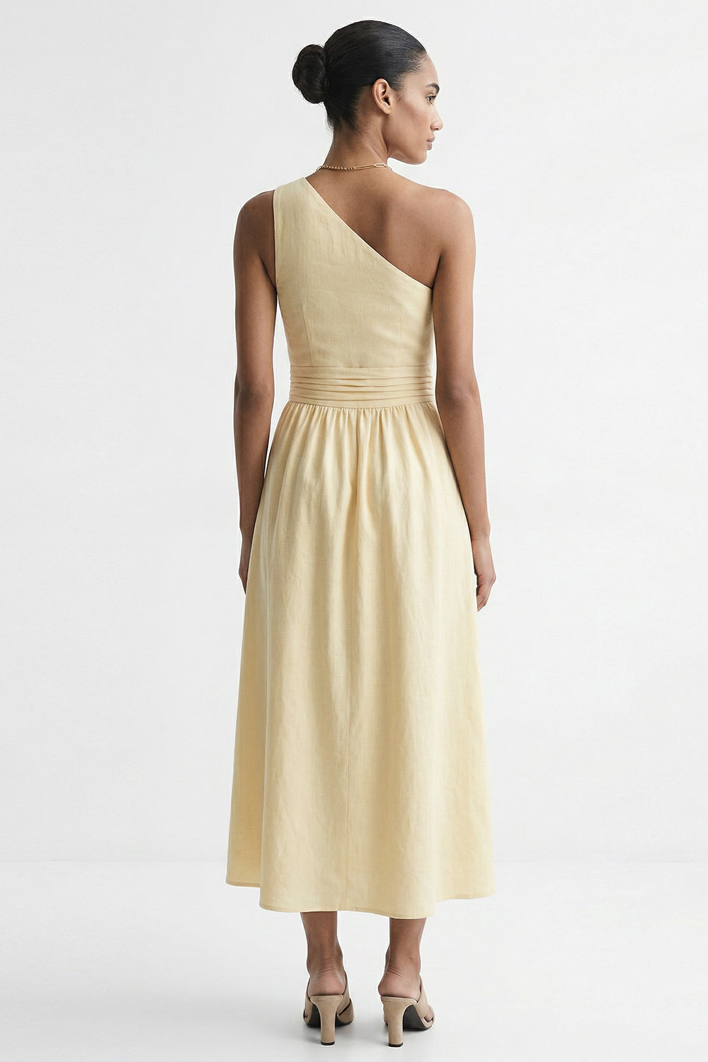 Elastic Waist Linen Blend Midi Dress - ECRU
