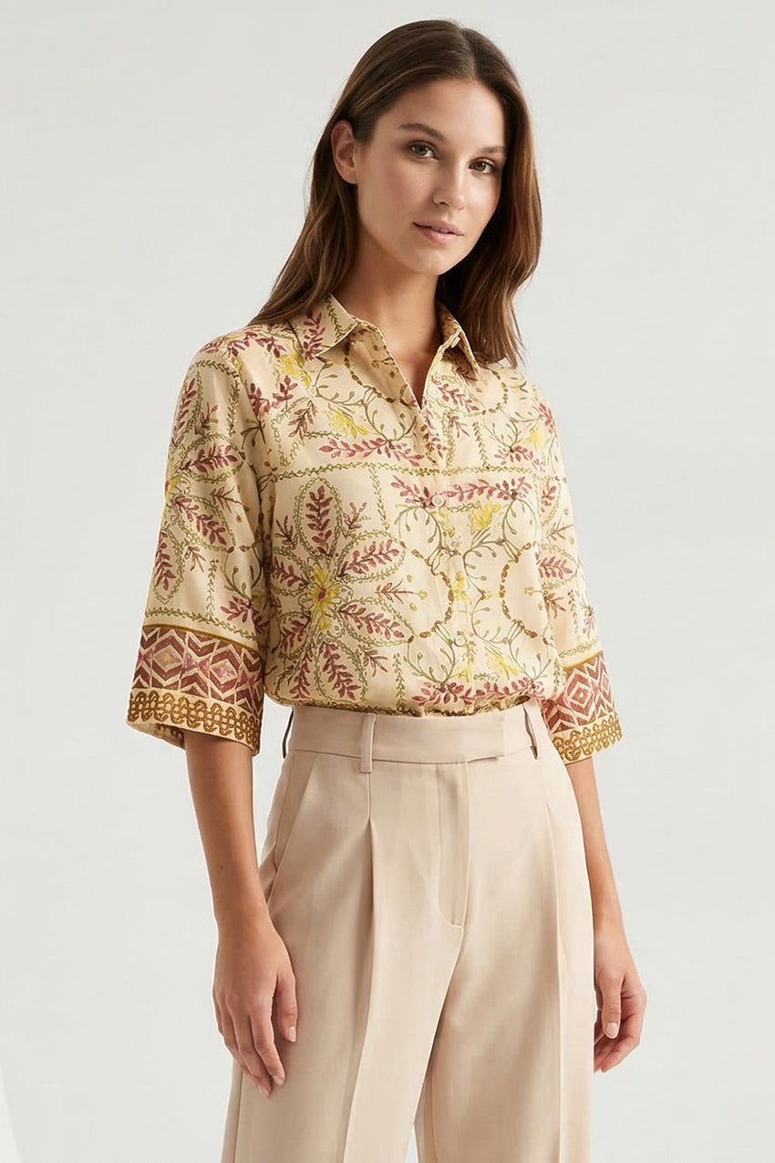 Three Quarter Sleeve Shirt Collar Pleat Detail Shirt - MULTI COLOR