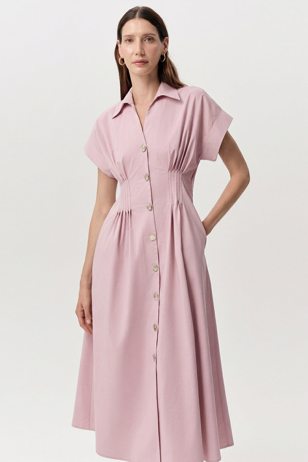 Shirt Collar Elastic Waist Pocket Midi Dress - PINK