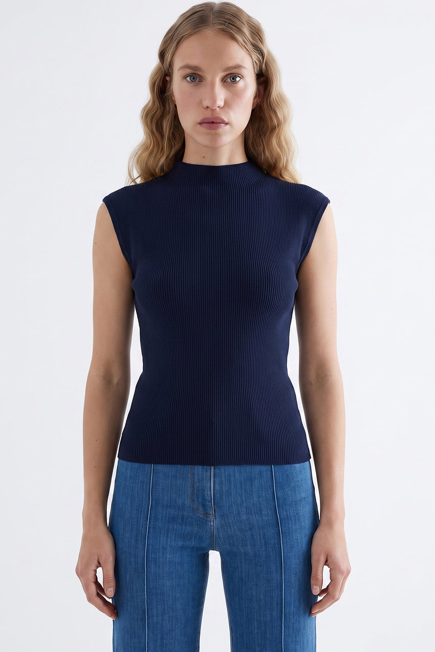 Stand Collar Sleeveless Knit Blouse - NAVY BLUE