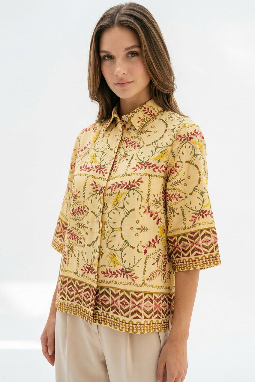 Three Quarter Sleeve Shirt Collar Pleat Detail Shirt - MULTI COLOR