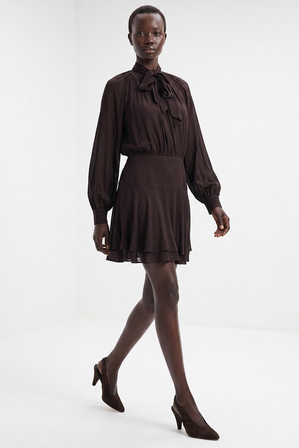Foulard Detail Fitted Mini Dress - BROWN