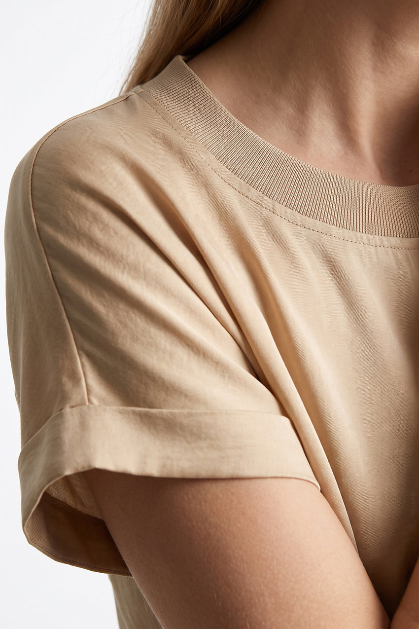Round Neck Ribbed Satin Blouse - BEIGE