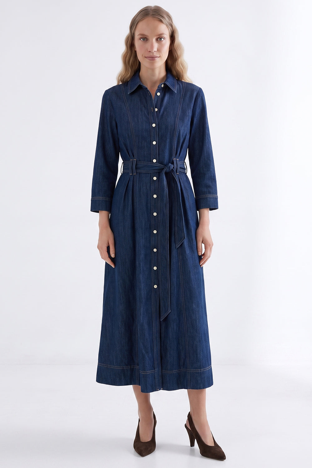 Long Sleeve Belted Denim Midi Shirt Dress - INDIGO