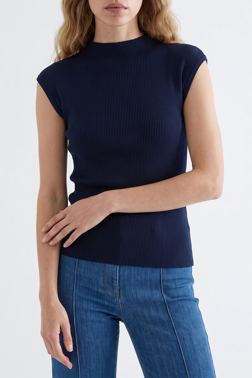 Stand Collar Sleeveless Knit Blouse - NAVY BLUE