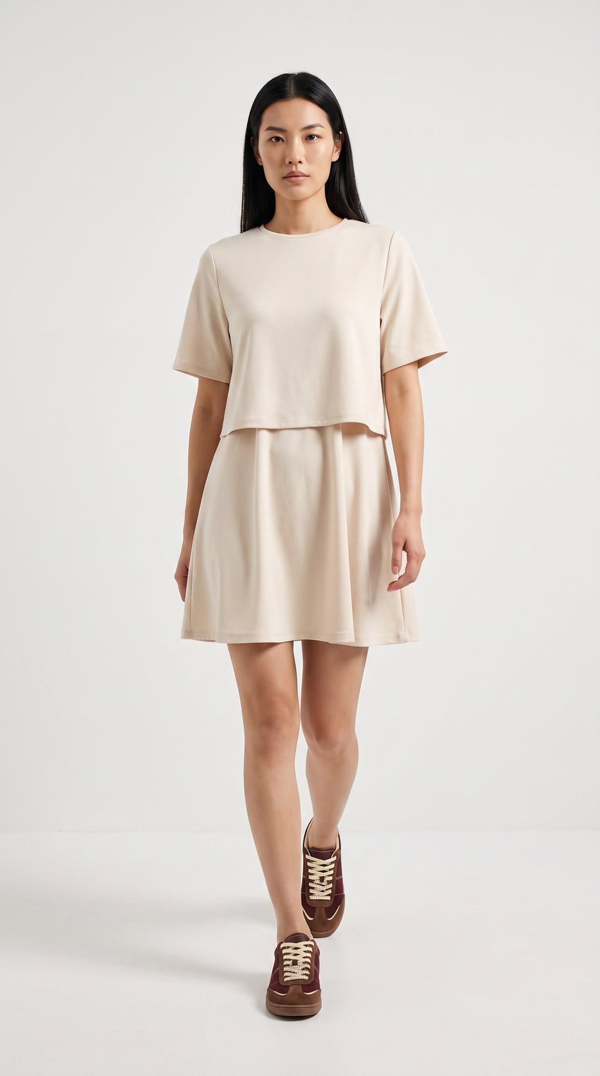 Short Sleeve Round Neck Mini Dress - BONE