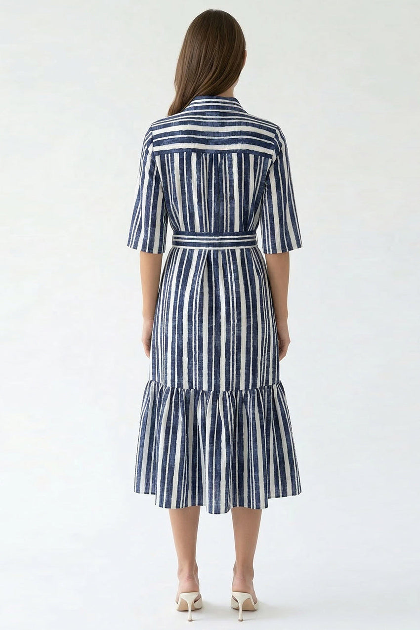 Shirt Collar Short Sleeve Belted Midi Dress - ROYAL BLUE-BONE