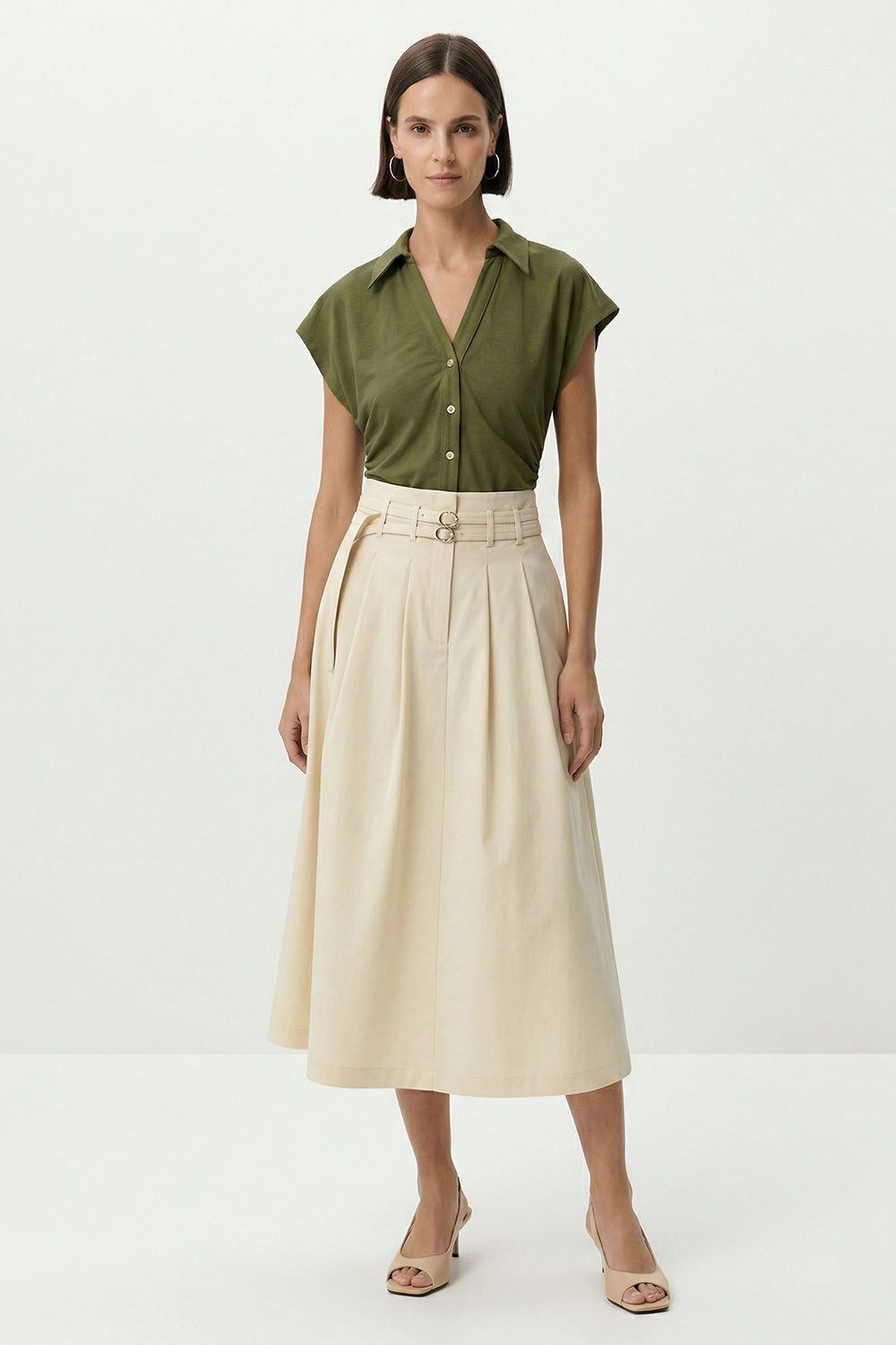 Belted High Waist Pleated Midi Skirt - CREAM