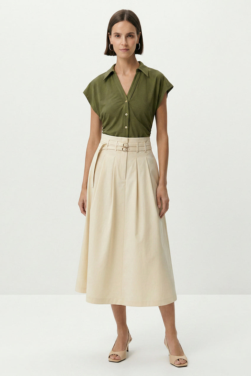 Belted High Waist Pleated Midi Skirt - CREAM