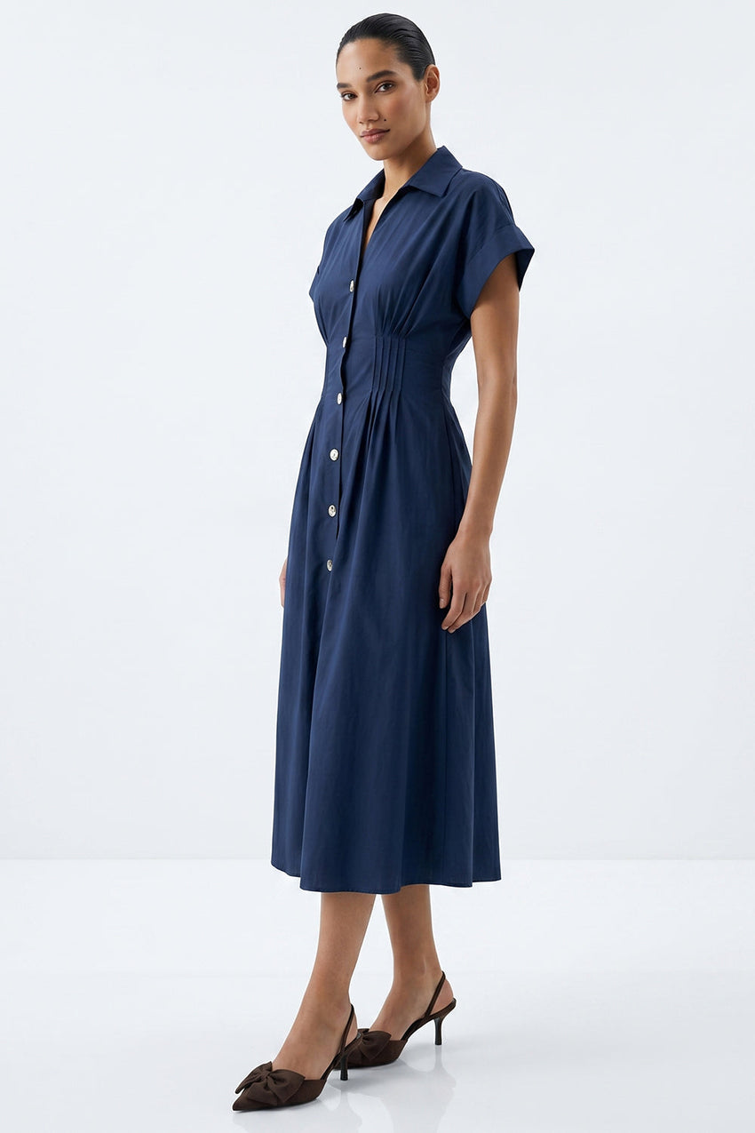 Shirt Collar Elastic Waist Pocket Midi Dress - NAVY BLUE