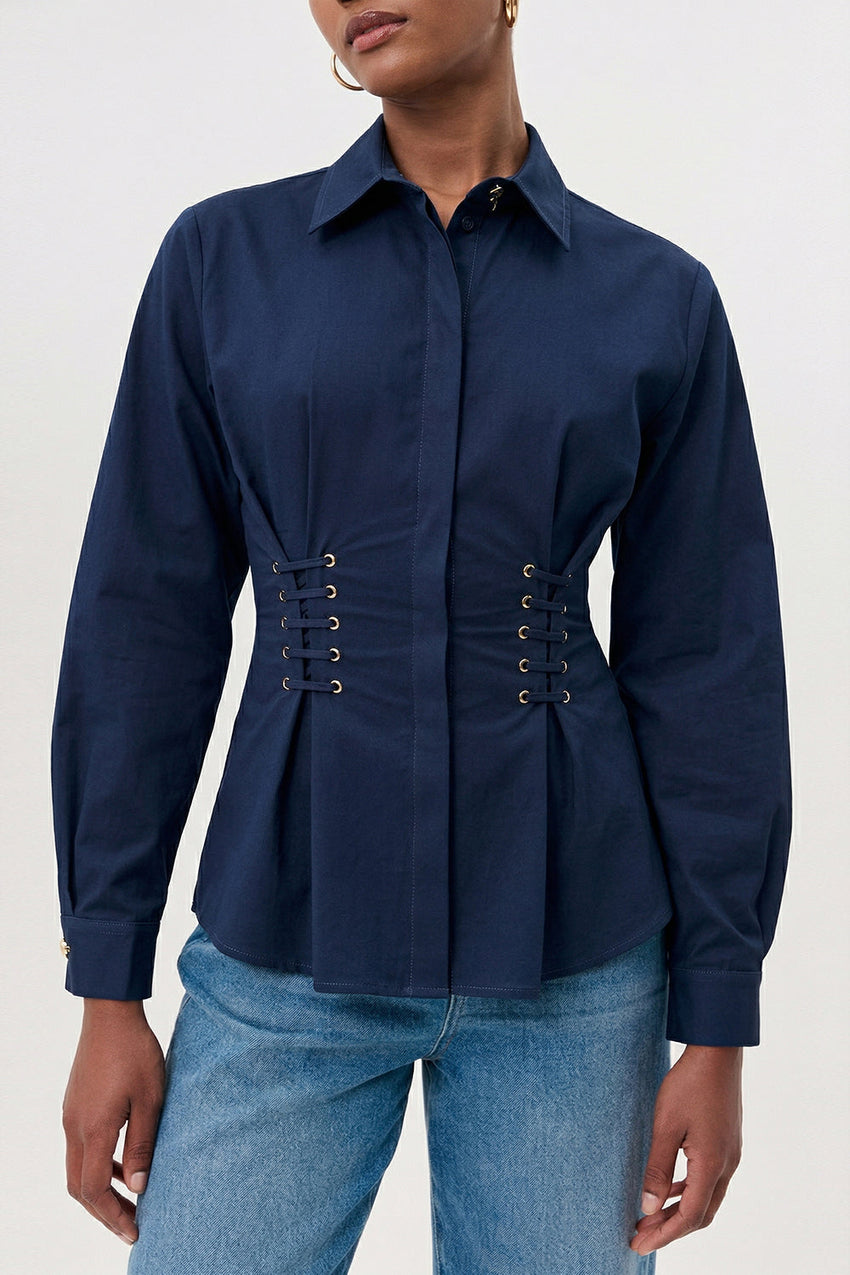 Miya Eyelet Detail Shirt - NAVY BLUE
