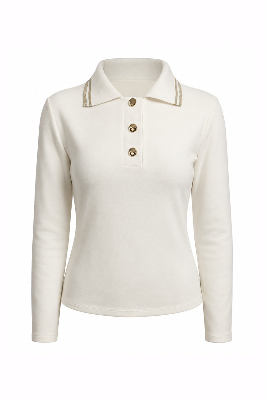 Polo Neck Long Sleeve Knitted T Shirt - ECRU