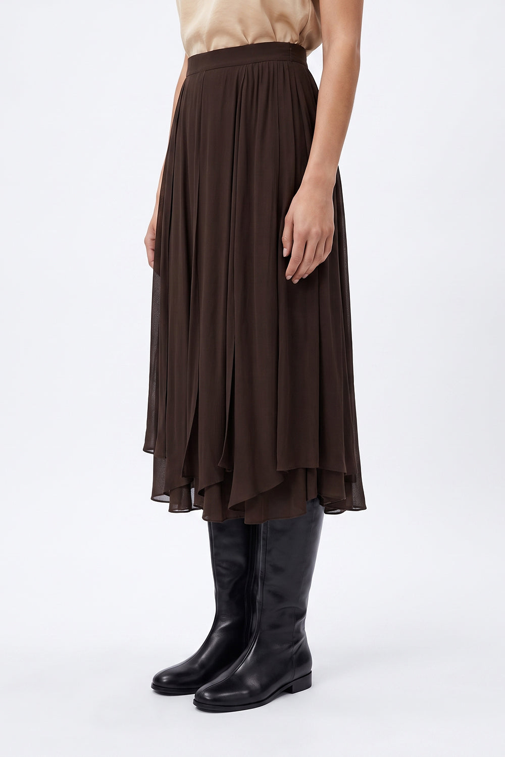 Panelled Flared Skirt with Hidden Zipper - BROWN