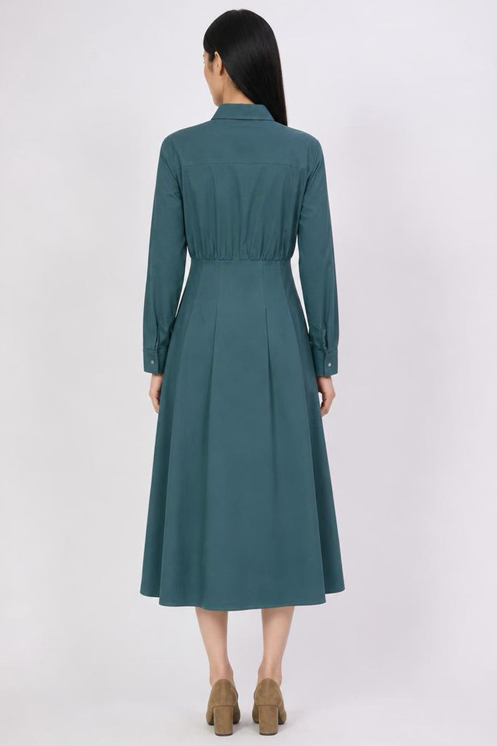 Pleated Long Sleeve Midi Shirt Dress - DARK GREEN